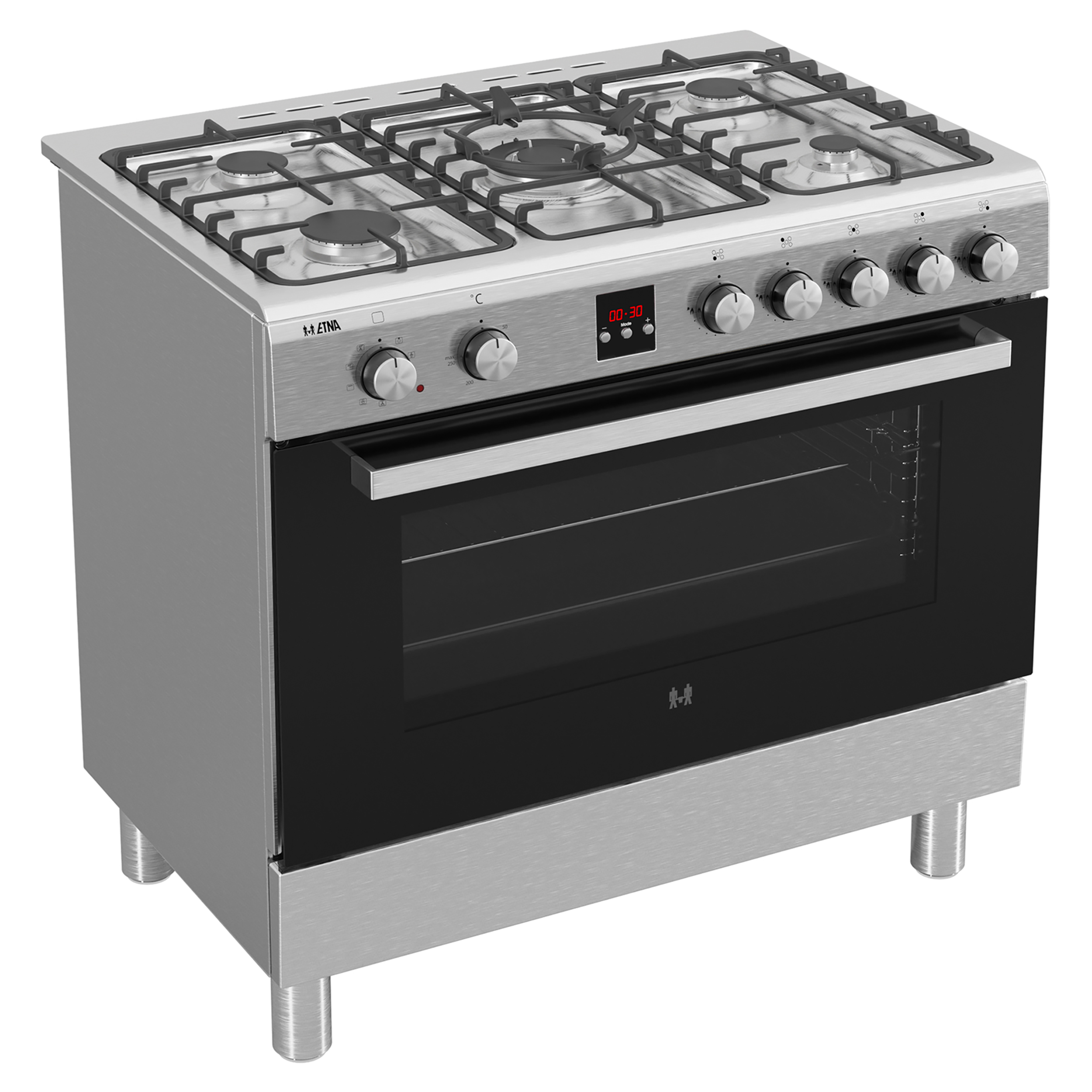 Een roestvrijstalen fornuis met zes branders, een bedieningspaneel en een zwarte ovendeur.