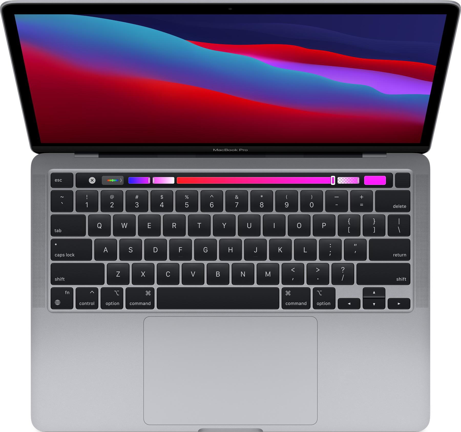 Silbernes Macbook Pro, geöffnet, Tastatur sichtbar. Bildschirm zeigt bunten Hintergrund.