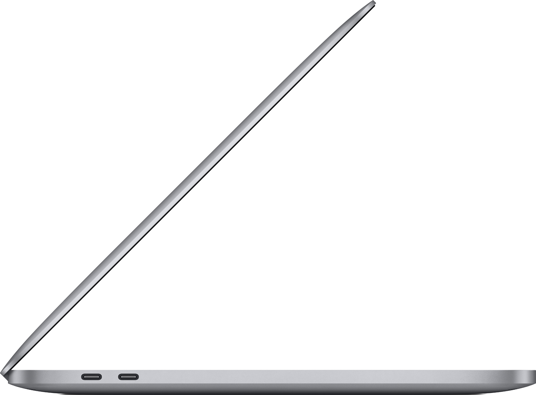 Silberner Laptop, Seitenansicht mit Anschlüssen, leicht geöffnet, auf Weiß.