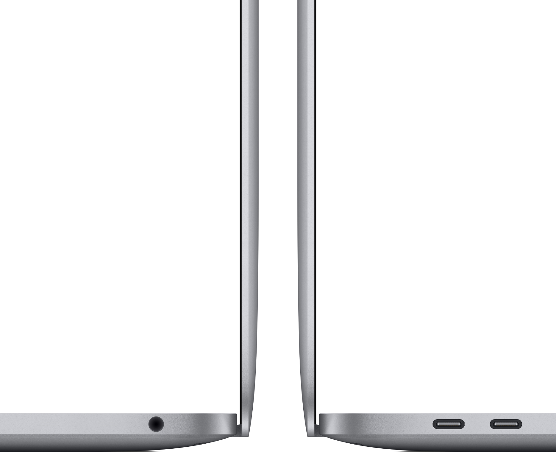 Zwei Seitenansichten eines silbernen Laptops mit einem schwarzen Anschluss links und Anschlüssen rechts.