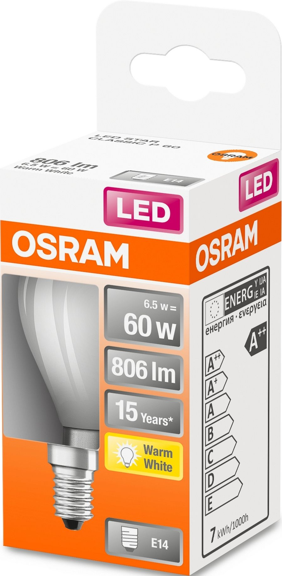Une boîte d'ampoule LED Osram avec des spécifications et l'étiquette 'LED'.