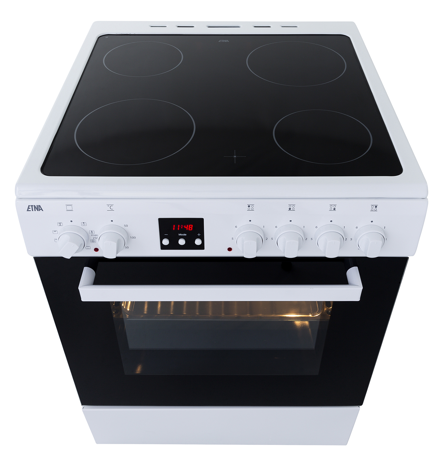 White electric range with black cooktop and oven.