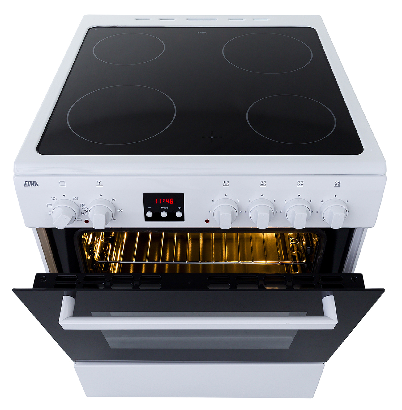 White electric oven with black stovetop and open door, showing interior with food and timer.