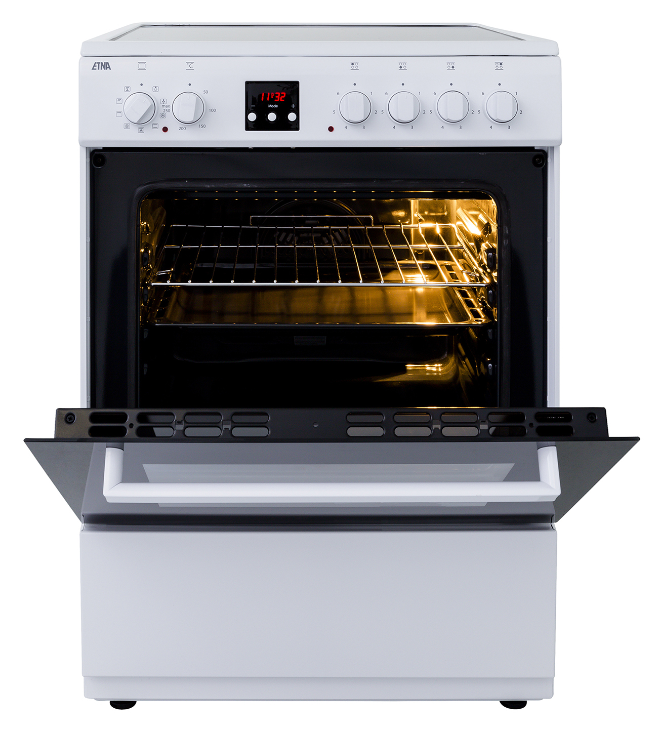 White electric oven with the door open, revealing the interior. A digital display shows the time 11:32.
