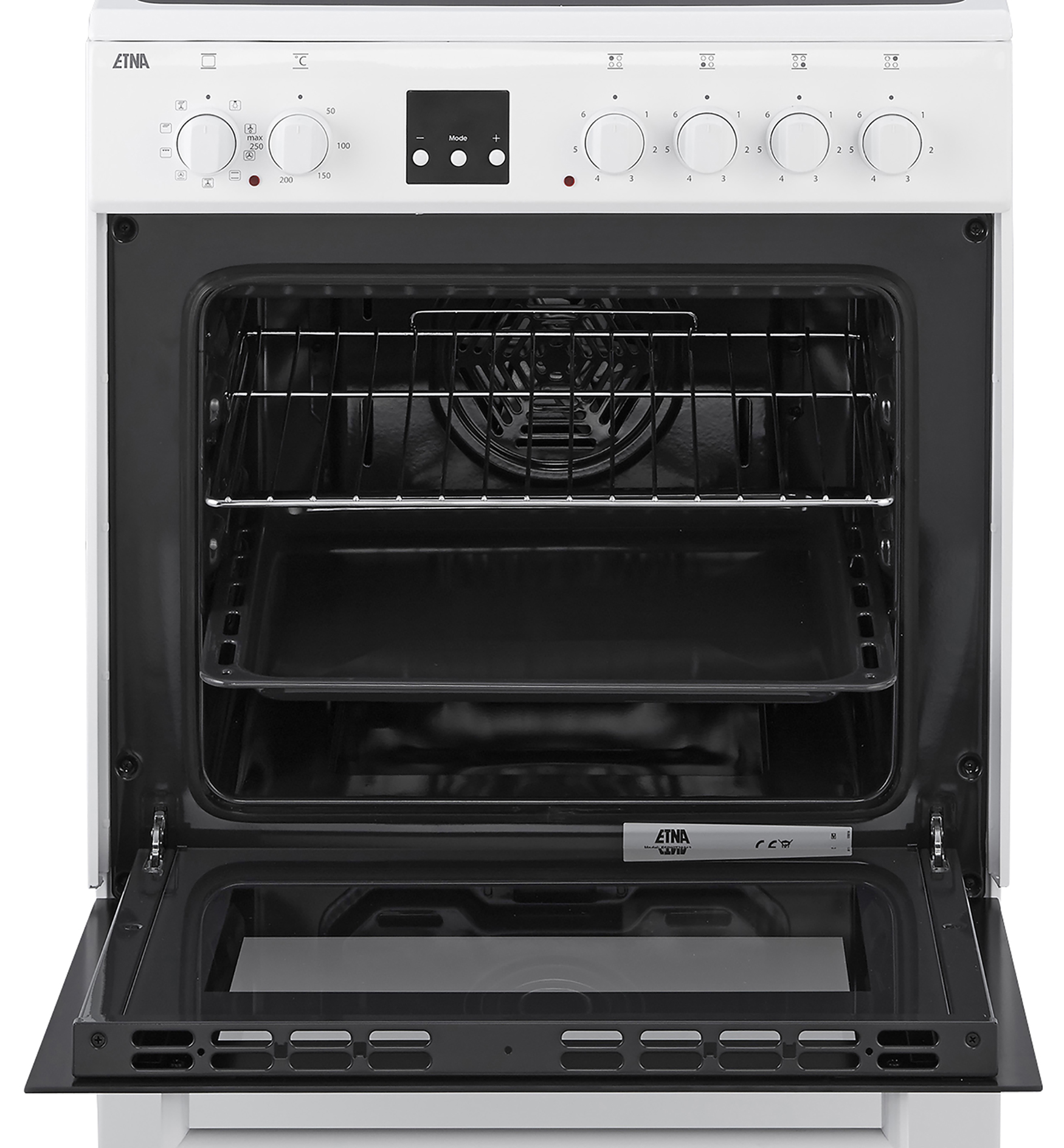 A white ETNA oven with an open door, revealing the interior and control panel.