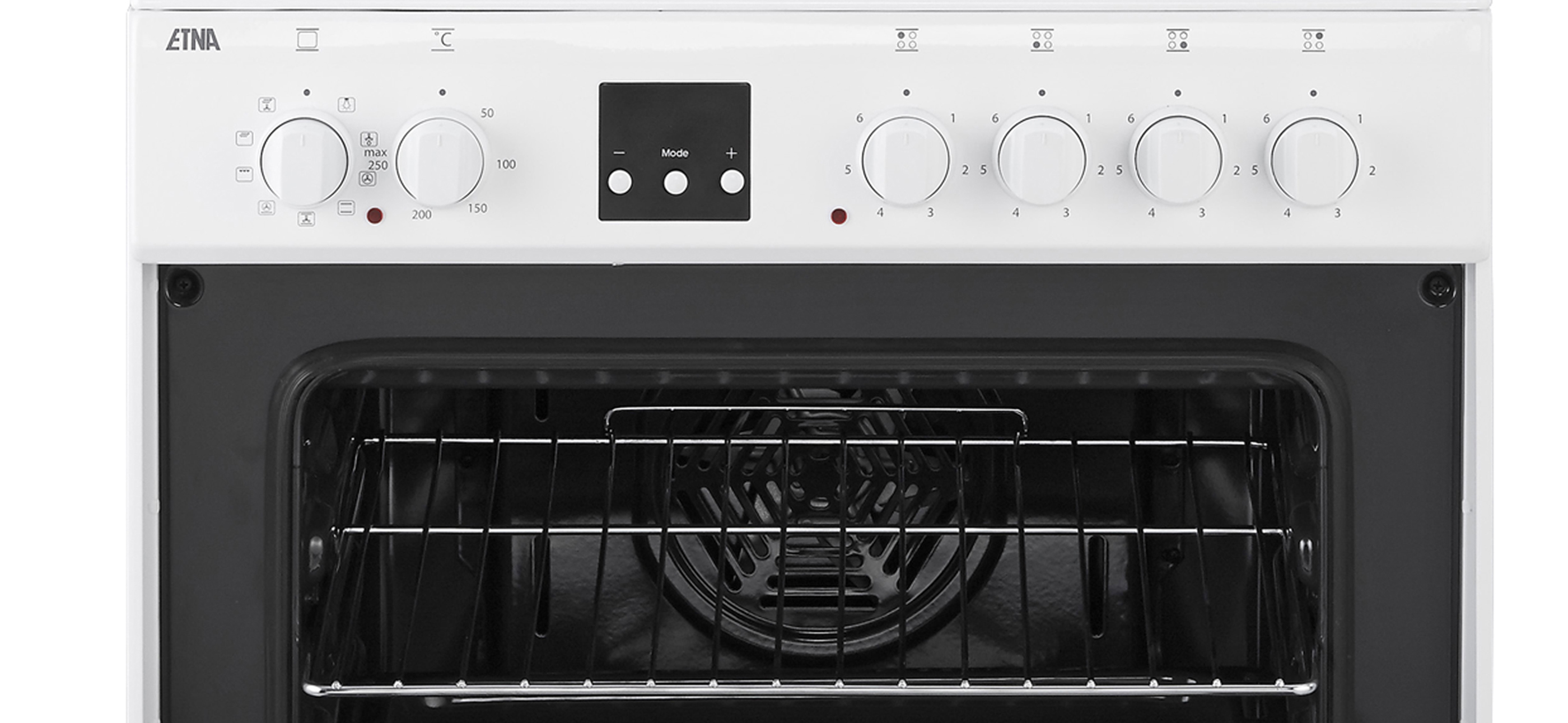 White oven with open door. Knobs and a digital display on the top panel. Dark interior with a rack.