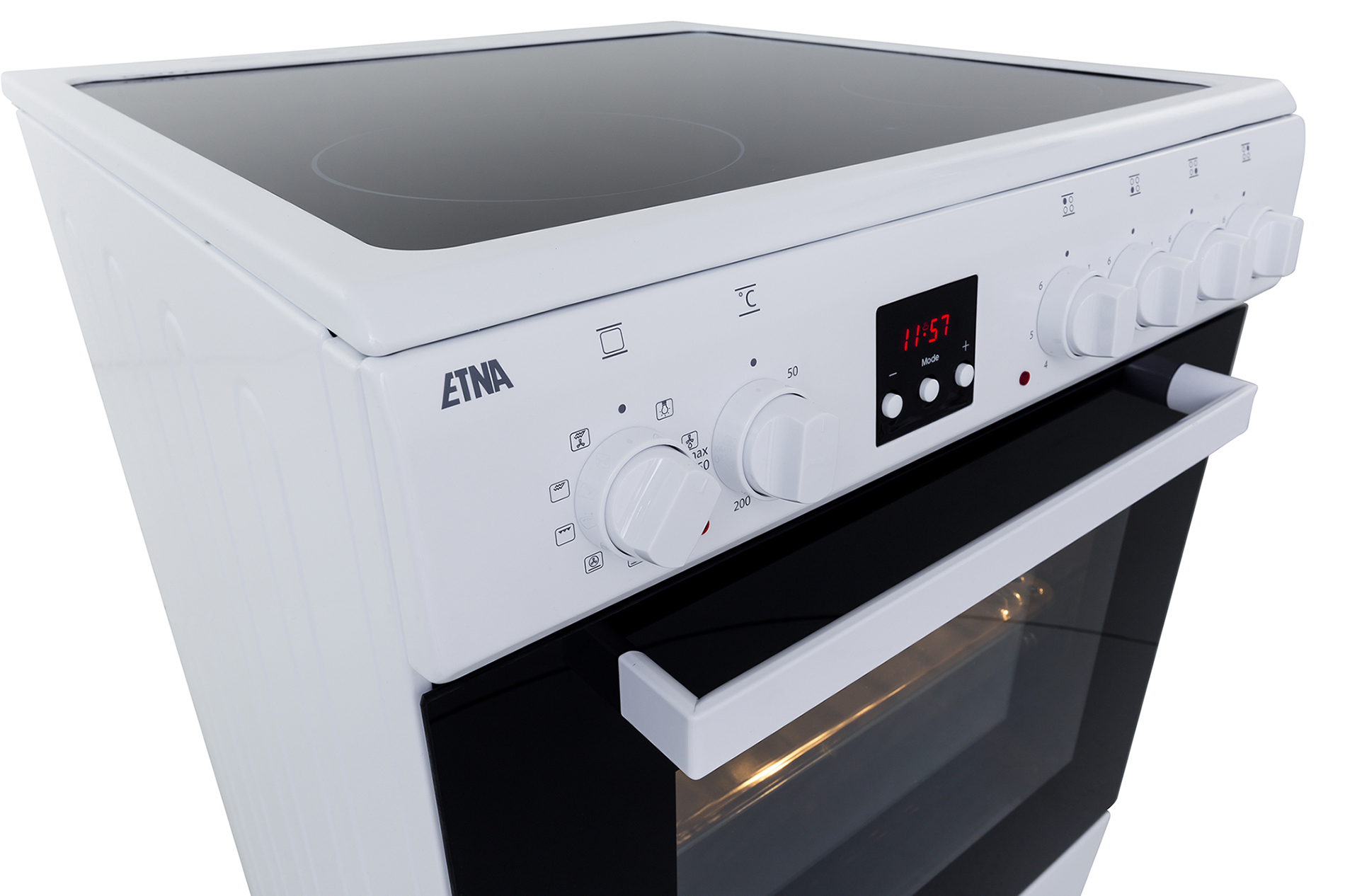 A white stove with a glass cooktop and an open oven, showing a warm interior.