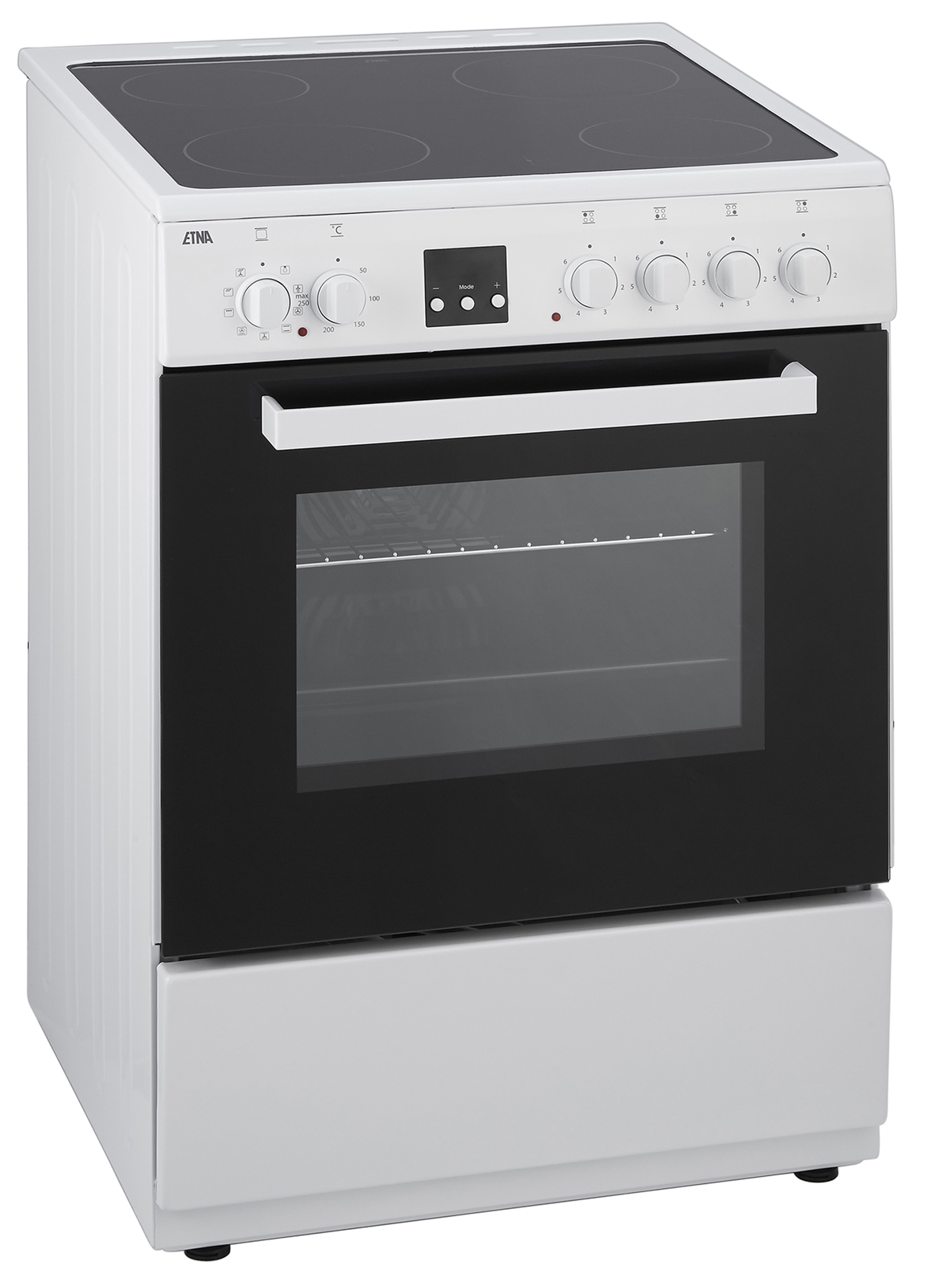 A white electric stove with four burners, knobs, an oven door, and a drawer.