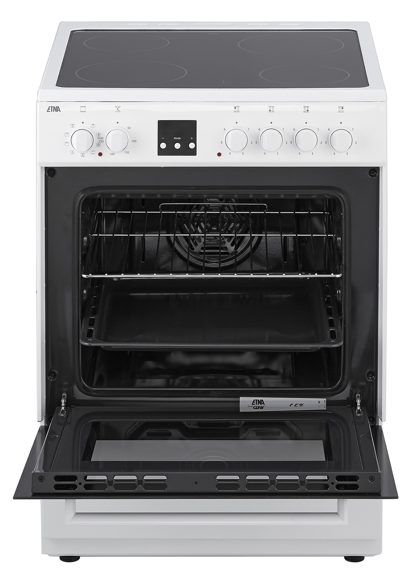 White electric stove with oven open. The oven has a rack and a baking tray.