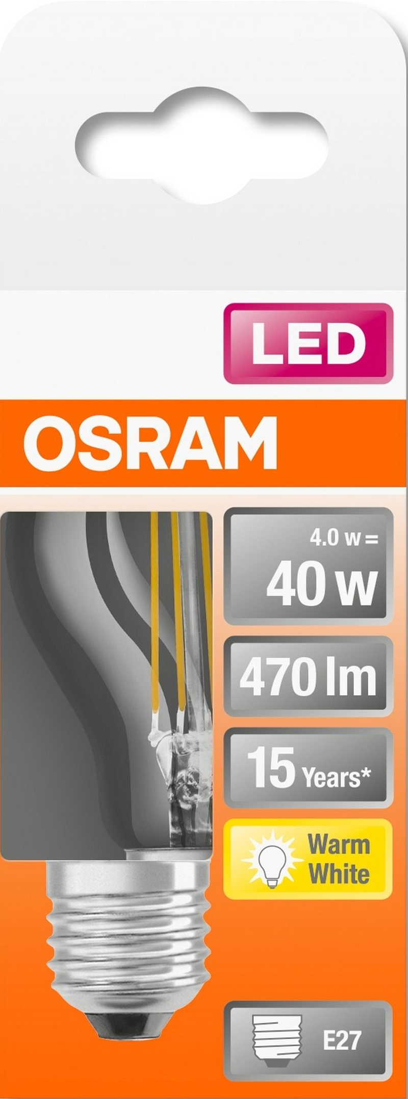 Confezione lampadina LED Osram. Bianco e grigio con dettagli del prodotto. Attacco E27, bianco caldo.