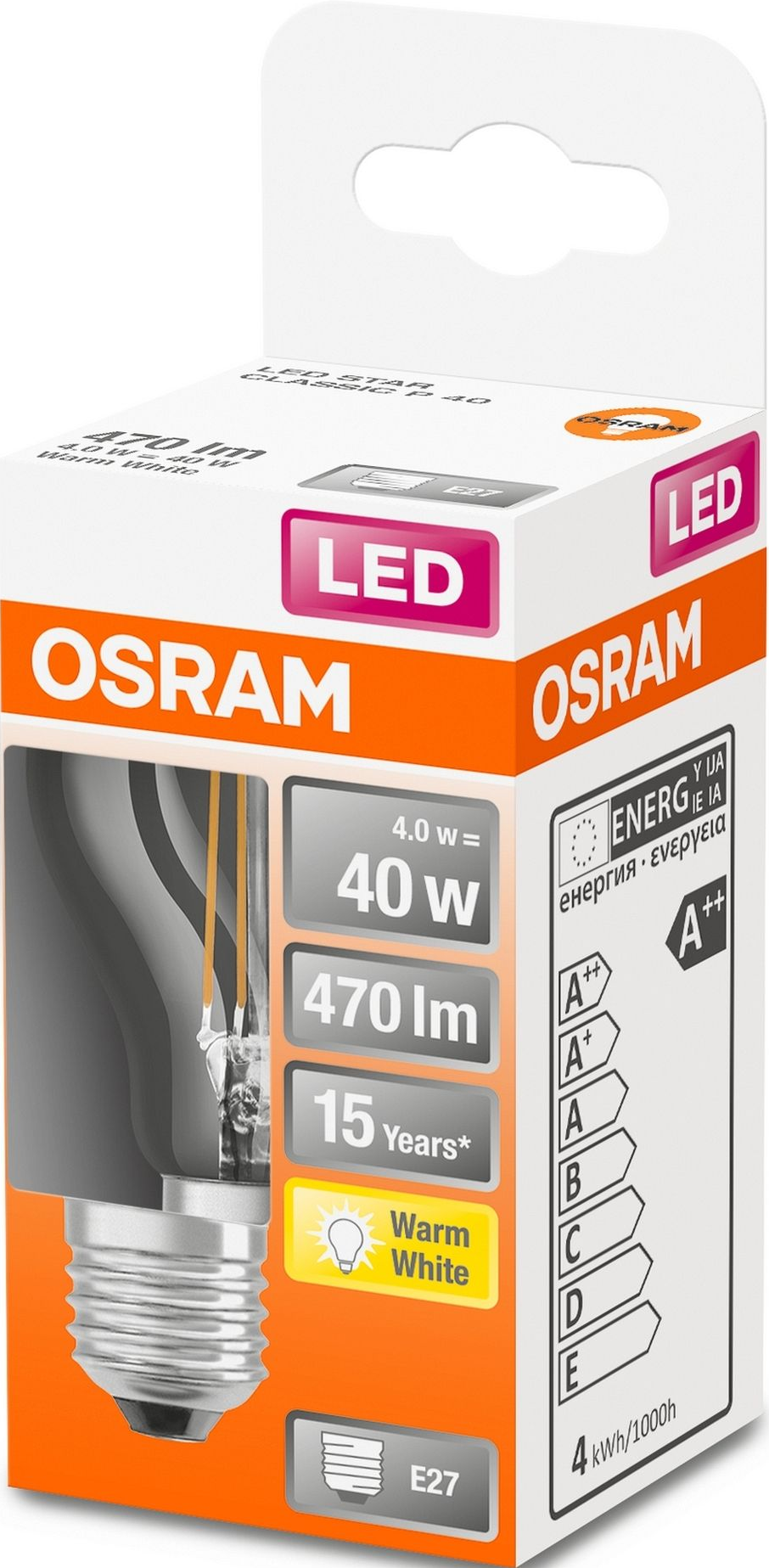 Confezione di lampadina LED OSRAM. La confezione ha uno schema di colori bianco e arancione.