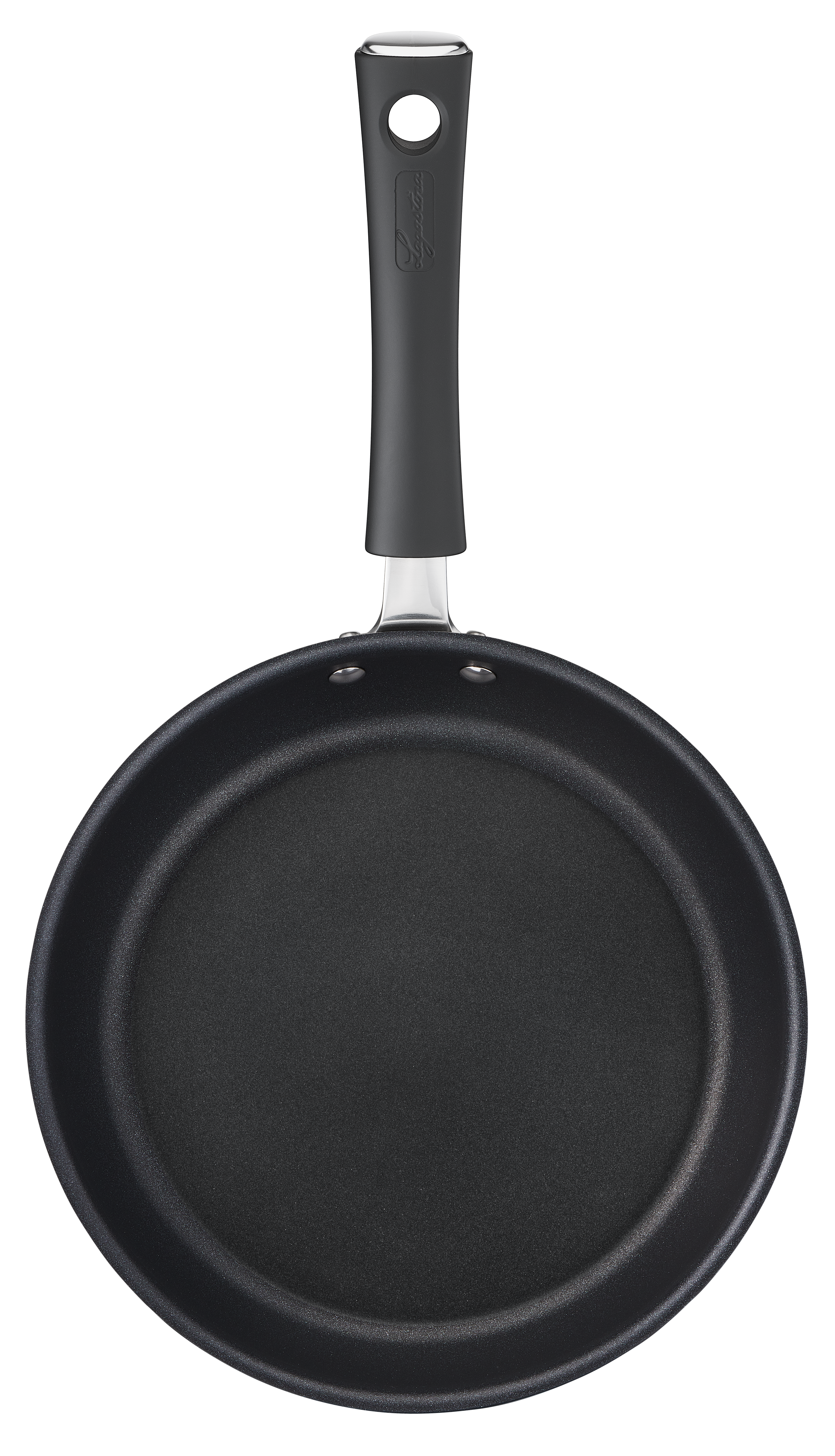 A black frying pan with a long, black handle. The handle has a hole at the end. The pan is centered on a white background.
