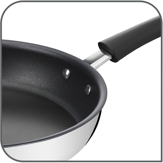Close-up of a non-stick frying pan. Black interior, silver rim, black handle. Two rivets visible. White background.