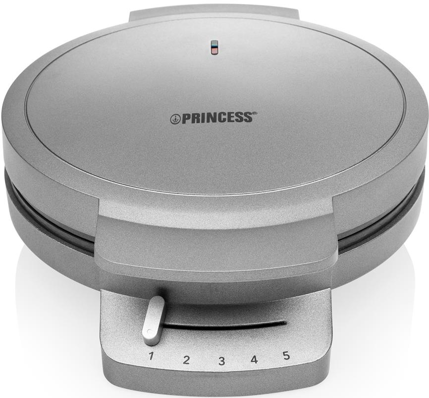 Una macchina per waffle Princess argentata con un quadrante e una spia luminosa.