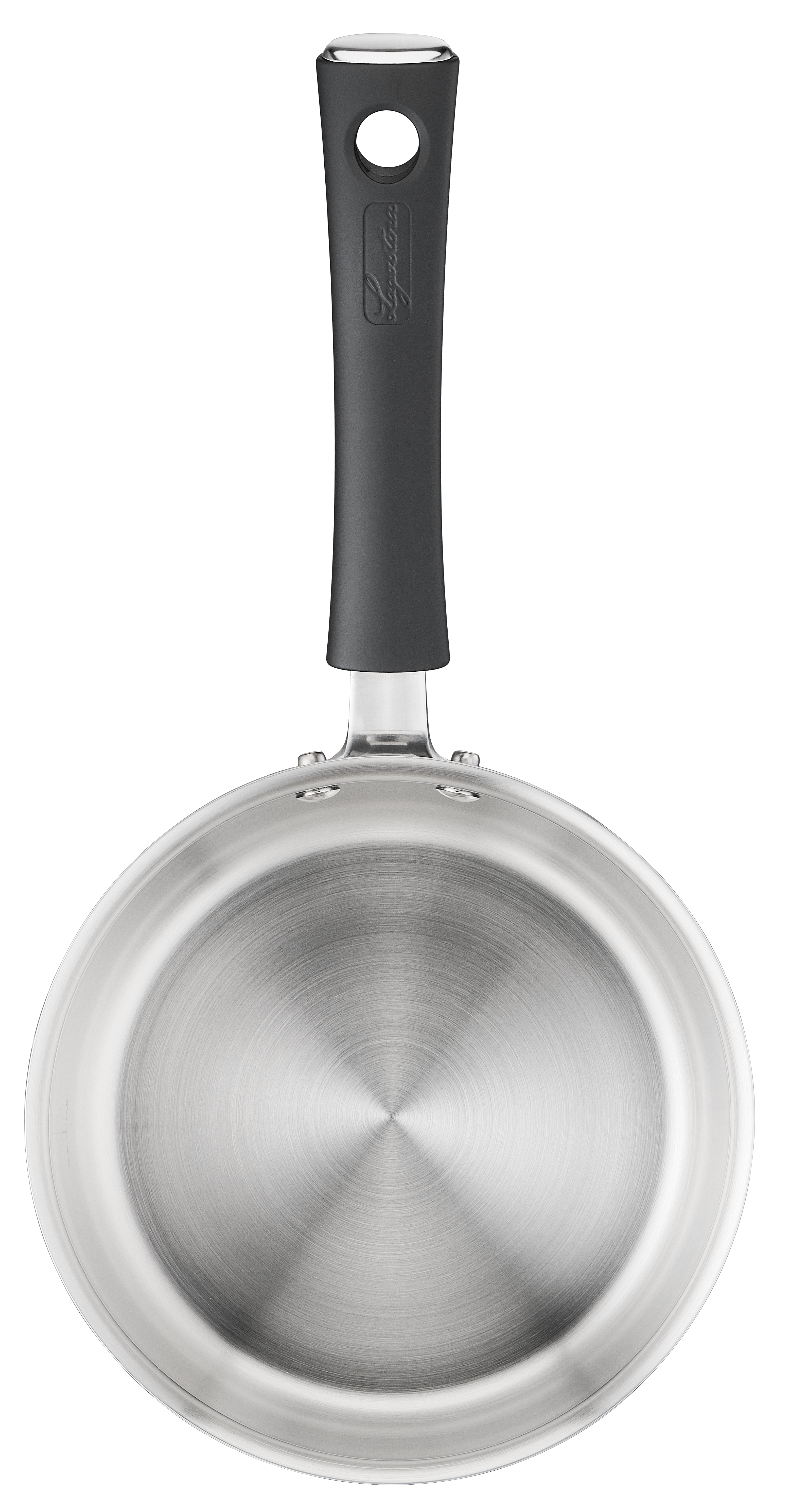 A stainless steel frying pan with a black handle. The handle has a hole at the end. The pan is against a white background.