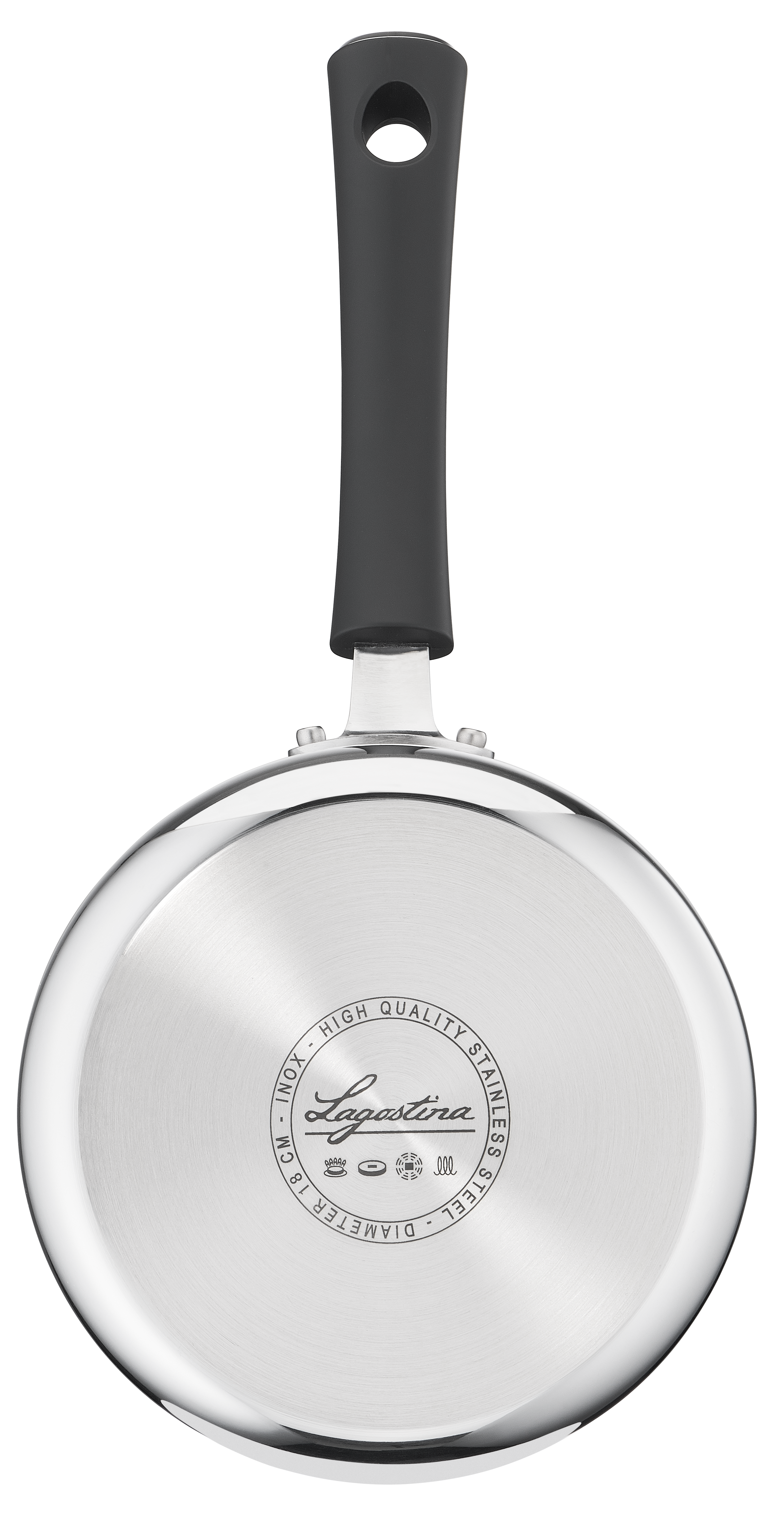 A stainless steel frying pan, underside view. It has a black handle with a hole and the brand name Lagostina is visible.