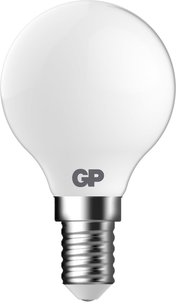 A white bulb with a silver base and the letters GP on it.