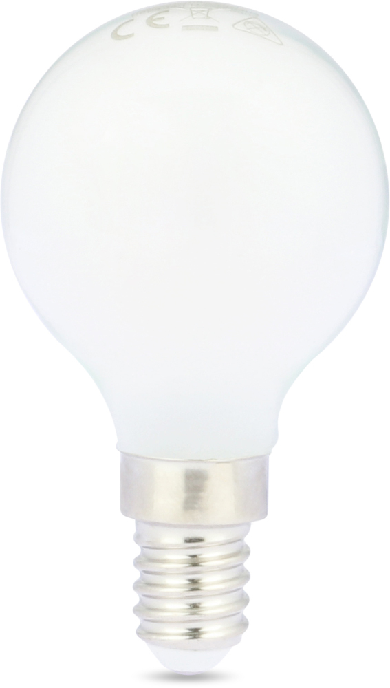 A frosted glass light bulb with silver base, isolated on a white background.