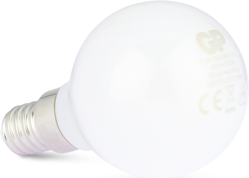 White light bulb with a silver base. The bulb has a label with text on it.
