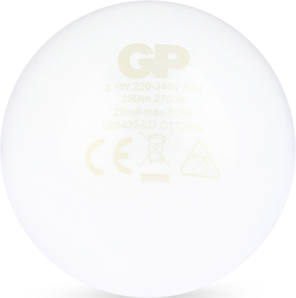 A white lightbulb with printed text and the GP logo.