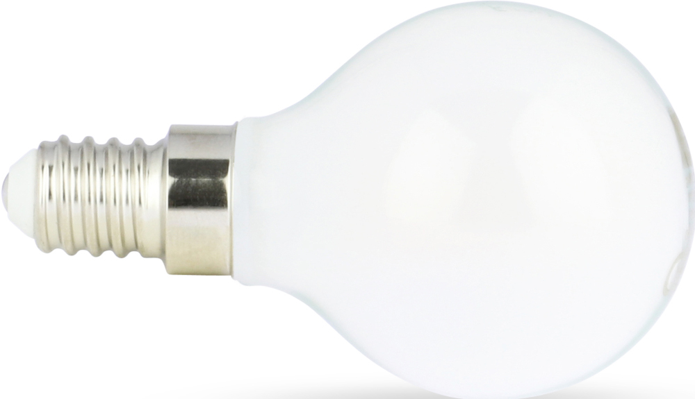 An opaque, white light bulb. Silver screw base.