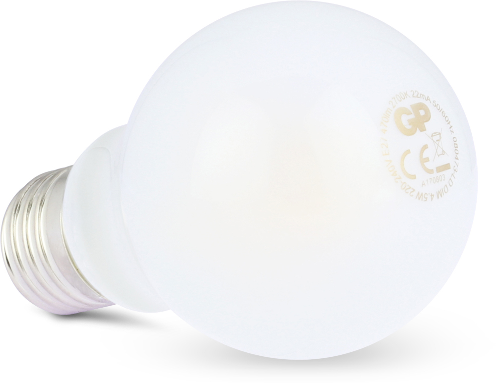 A white, round lightbulb with a silver base, displaying printed details.