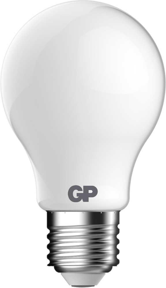 A white lightbulb with a GP logo, silver base, on a white background.