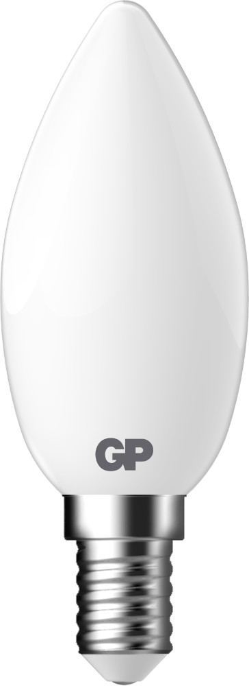 A white light bulb. The base is silver and has the letters 'GP' on it.