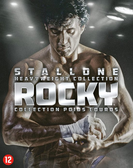 Rocky film-dvd-hoes, Sylvester Stallone, in een boks-houding. Tekst: Rocky.