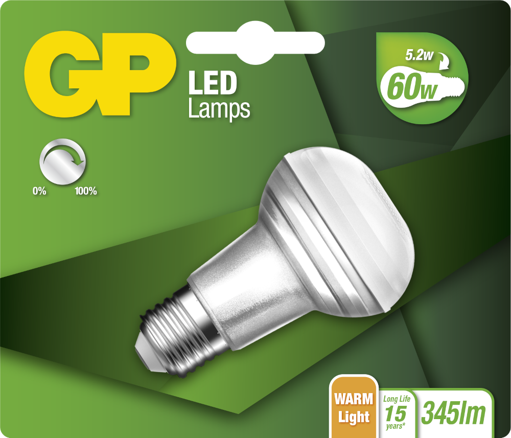 GP LED-lampverpakking. De lamp is wit met een zilveren voet en groene achtergrond.