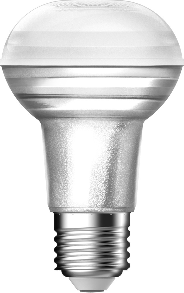 Een witte LED-lamp met een zilveren voet. Hij heeft een ronde, matglazen koepel.