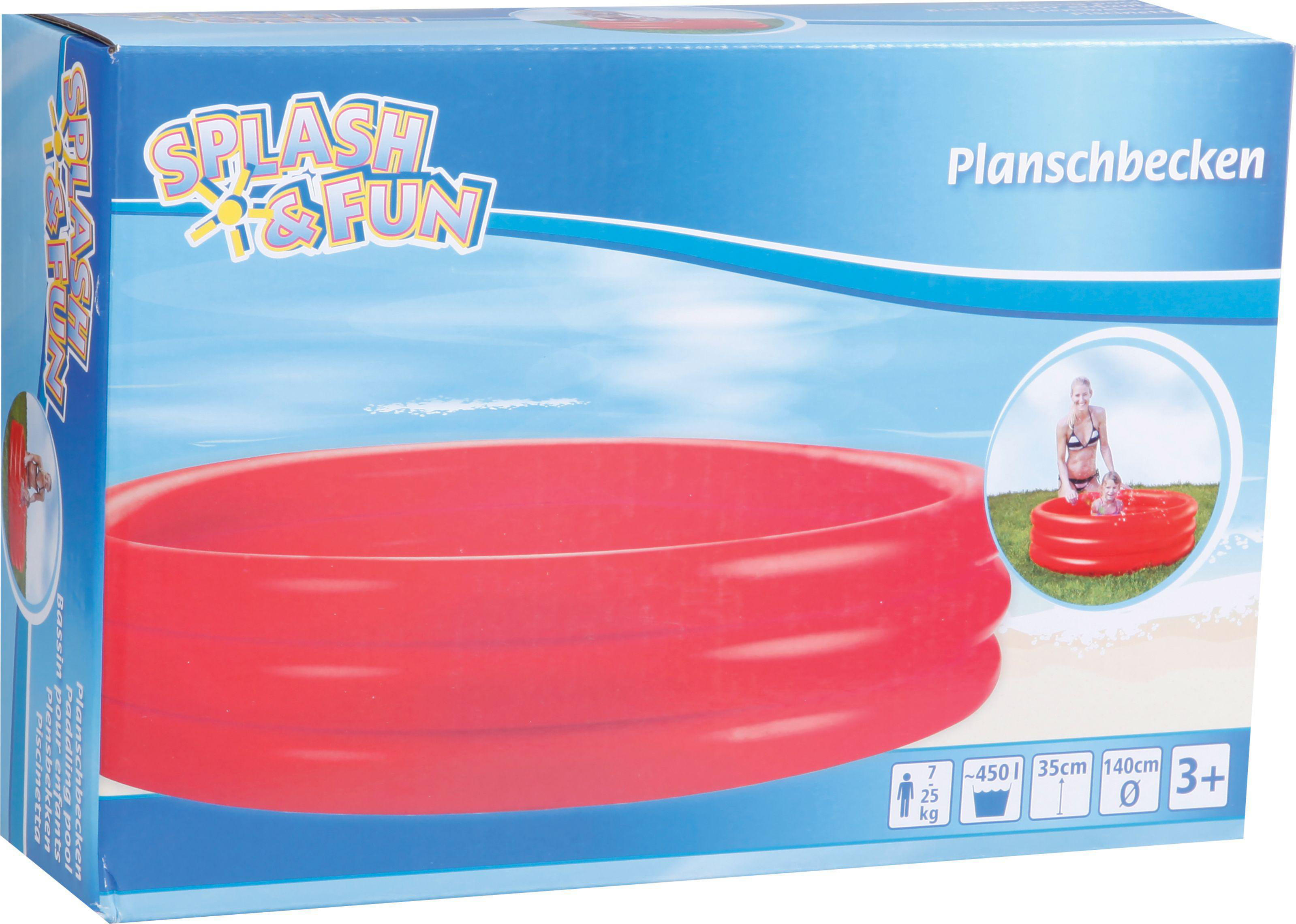 Ein rotes aufblasbares Planschbecken in einer Box mit blauem Himmel. Produkt ist SPLASH & FUN.