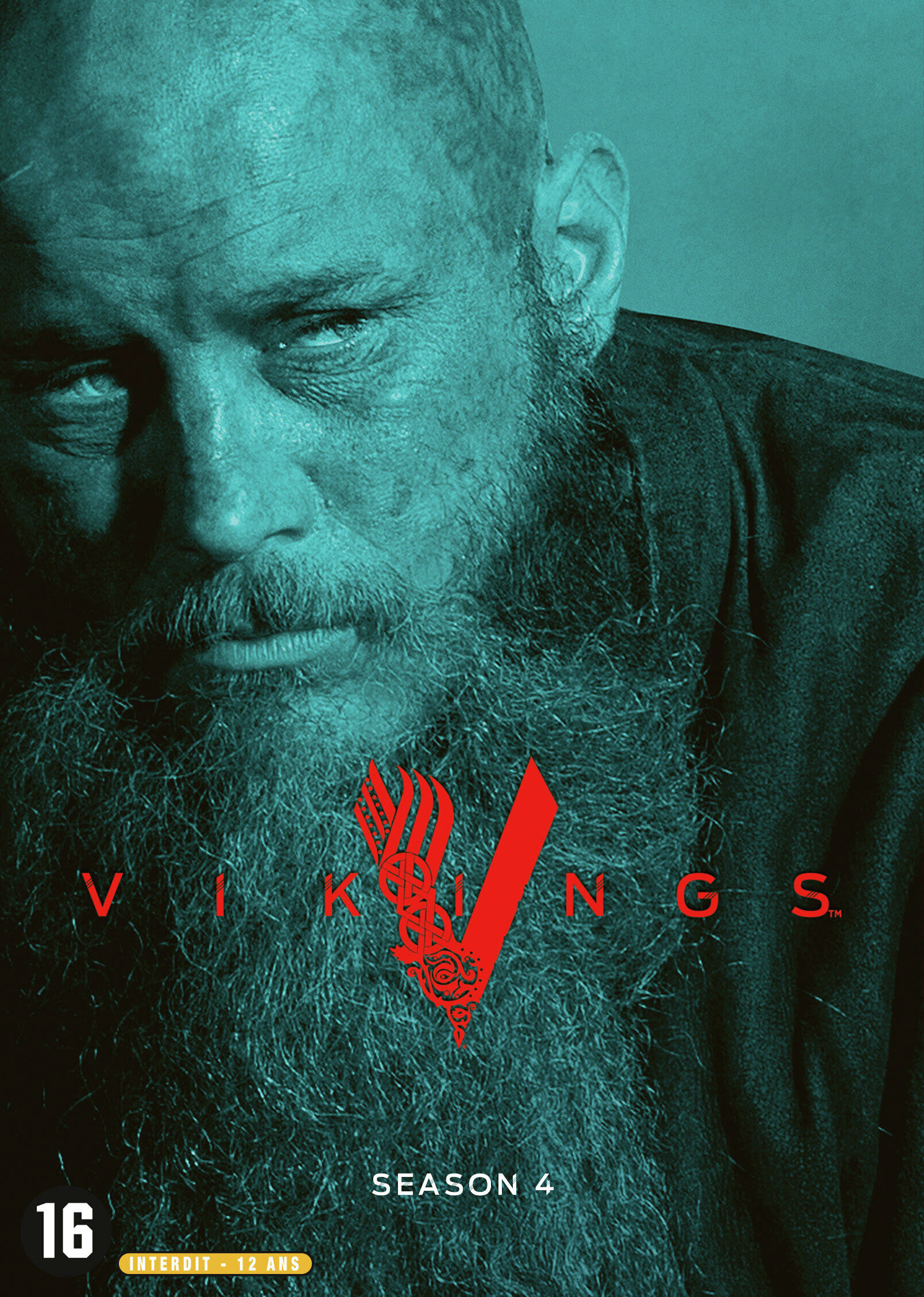 Affiche Vikings Saison 4, gros plan du visage d'un homme, logo 'Vikings' rouge, fond vert.
