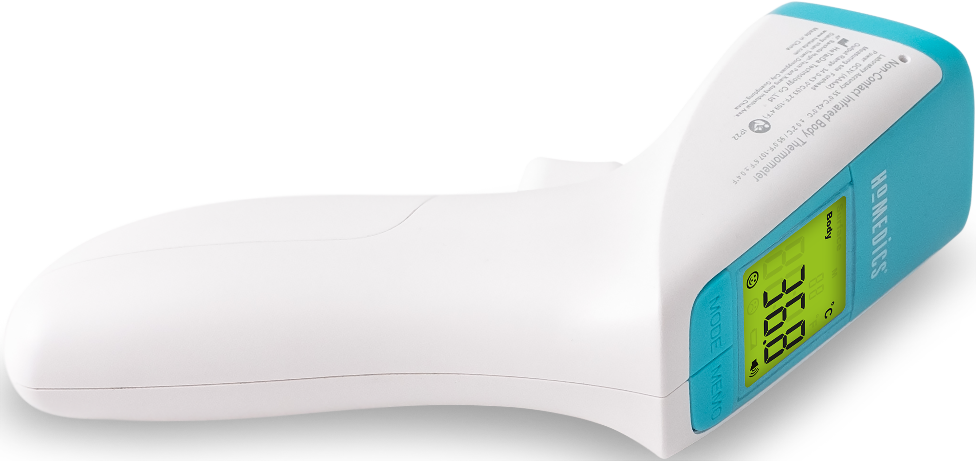 White and blue non-contact infrared body thermometer. Displays 36.8 degrees Celsius.