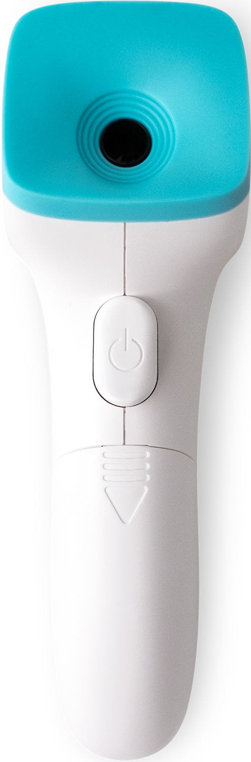 A white and teal non-contact forehead thermometer.
