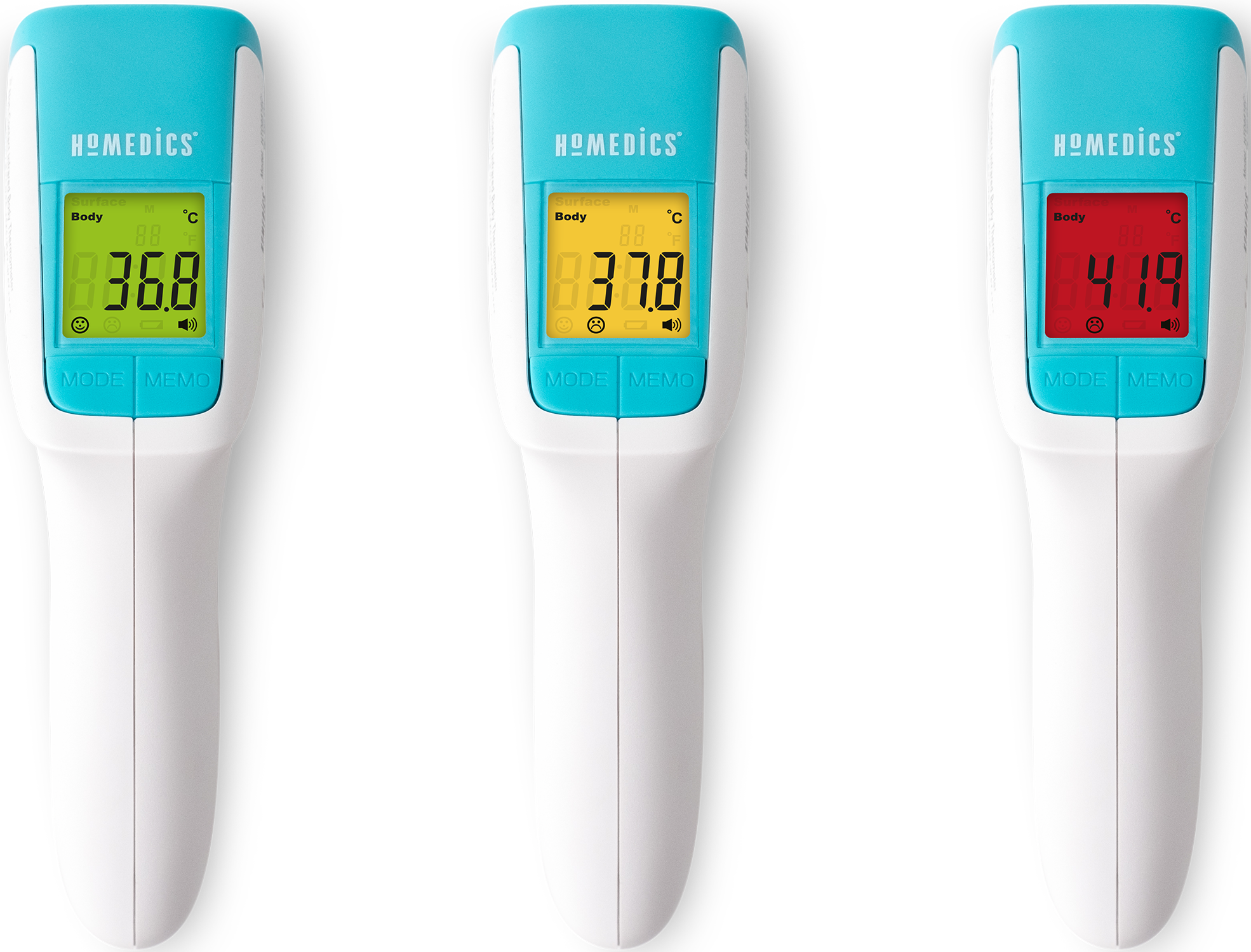 Three digital thermometers with different temperature readings.