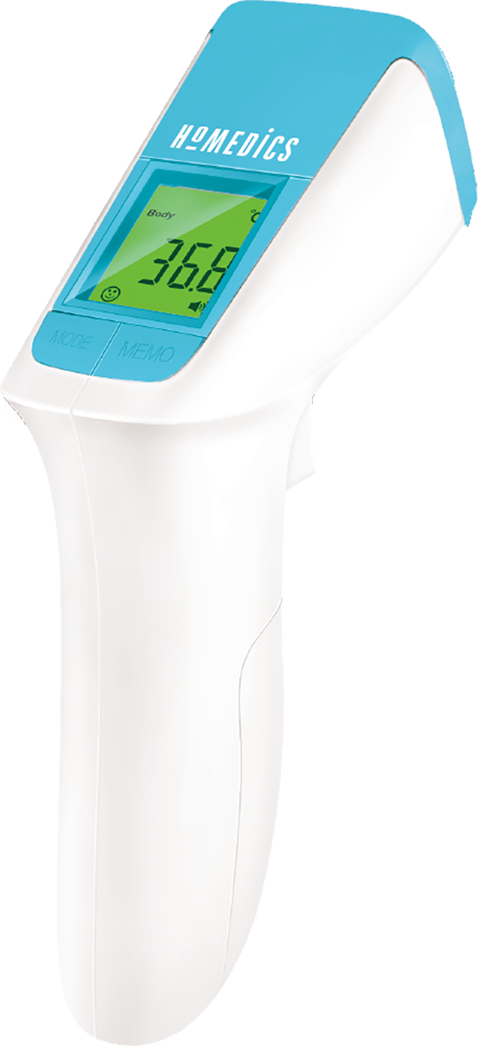 A white and blue digital thermometer displaying a temperature of 36.6.