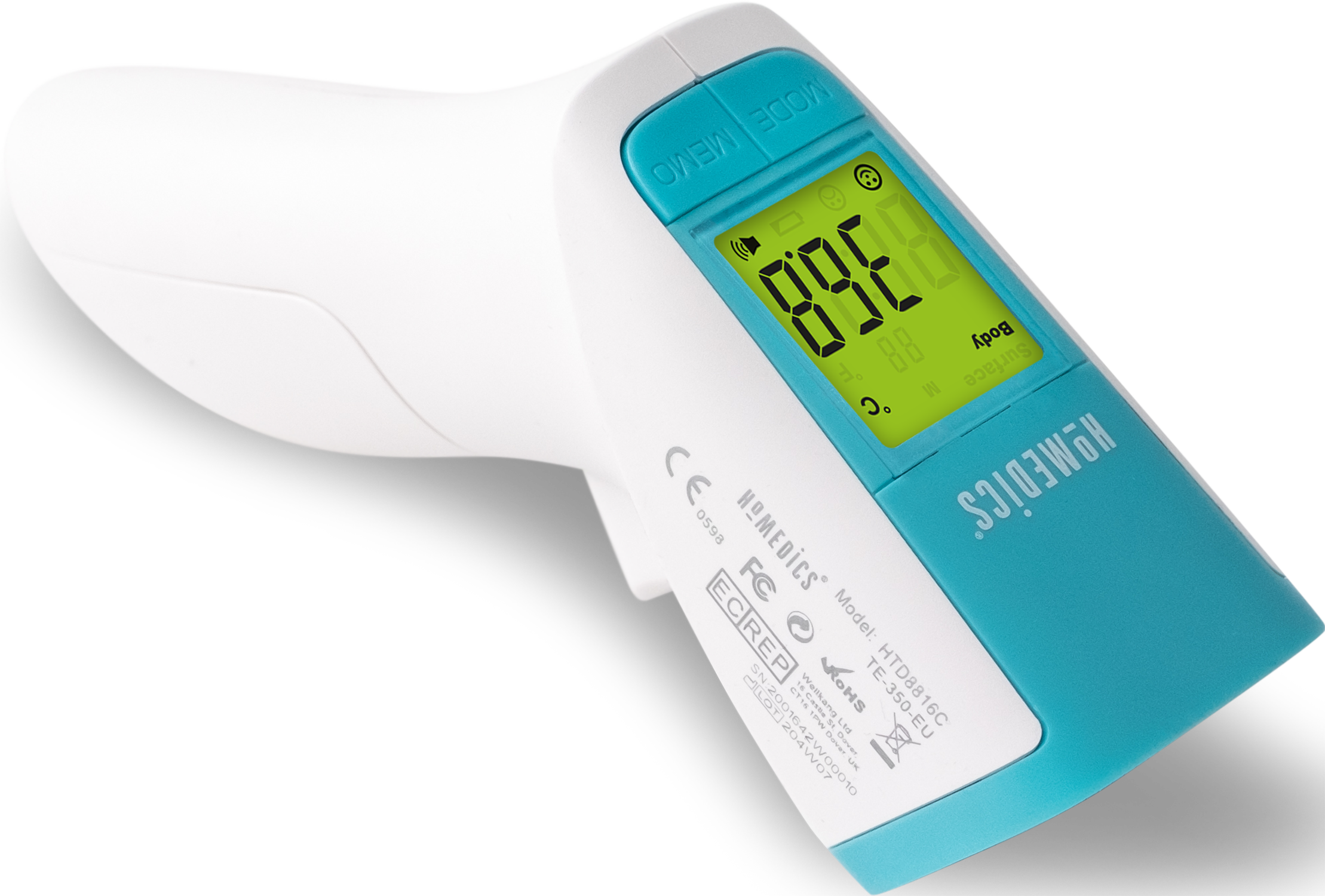 A white and teal digital thermometer displays a temperature of 36.8°C.