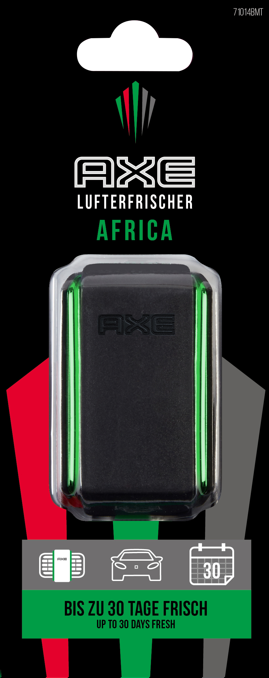 Axe Lufterfrischer-Verpackung. Schwarz, mit grünen und roten Akzenten. Titel 'Africa'.