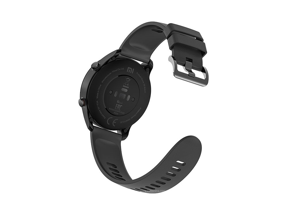 Reloj inteligente negro, vista inferior. Correa separada. Muestra la parte trasera con sensores y marca.