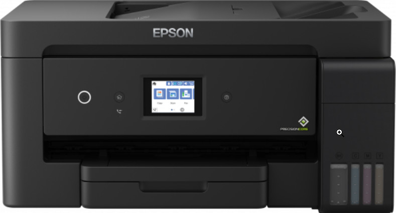 Black Epson printer with a display and ink tanks. The brand name is at the top.