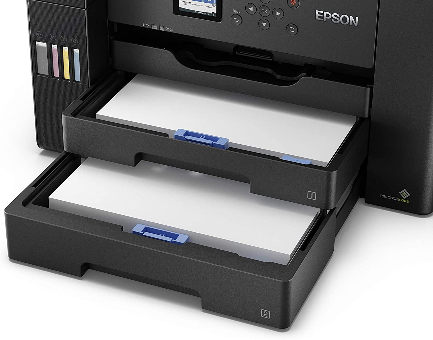 Ein schwarzer Epson Drucker mit zwei Papierfächern, gefüllt mit weißem Papier.