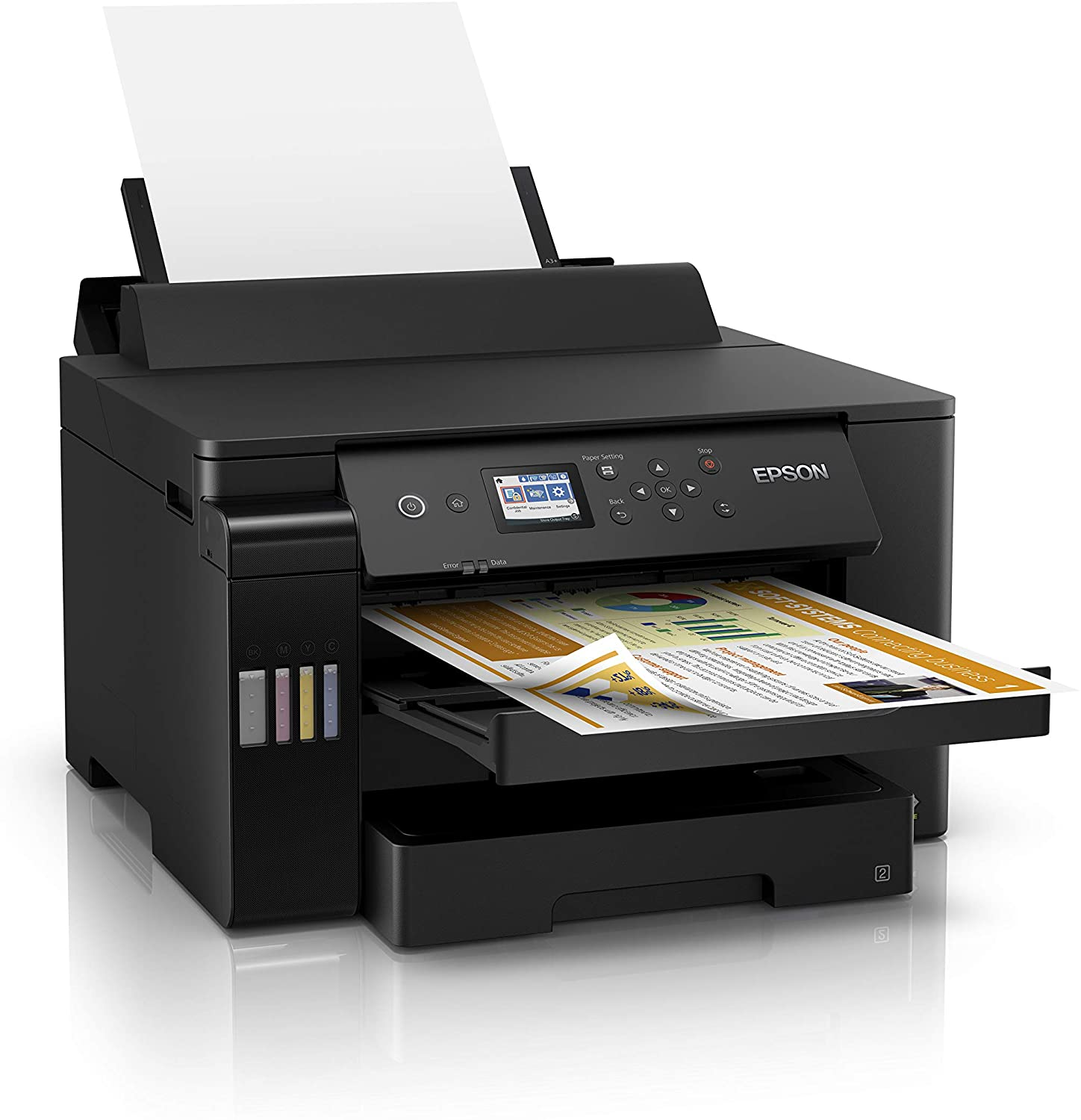 Ein schwarzer Epson Drucker mit Papier im Einzug und auf der Ablage.