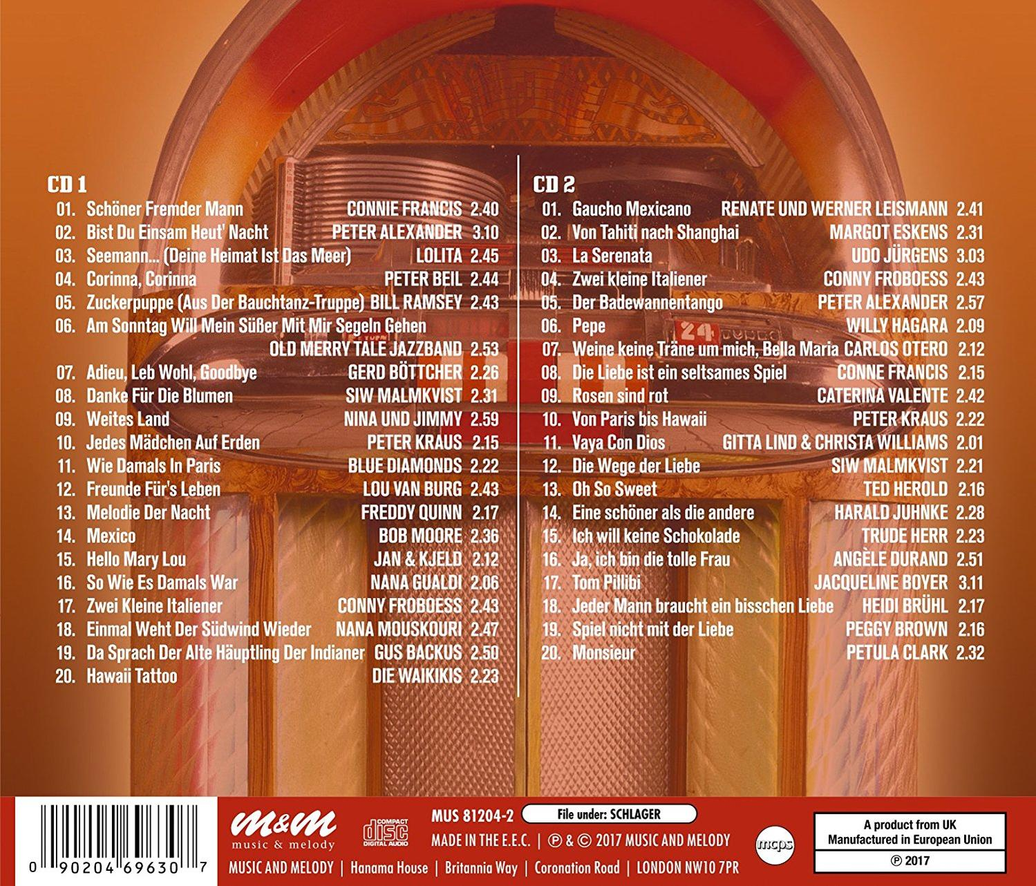 Rückseite einer CD-Hülle, zwei Spalten mit Titellisten auf Deutsch.