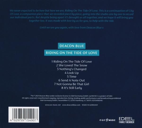 Albumcover mit Titelliste. Text auf weißem Hintergrund mit schwarzem Text. Deacon Blue Band.