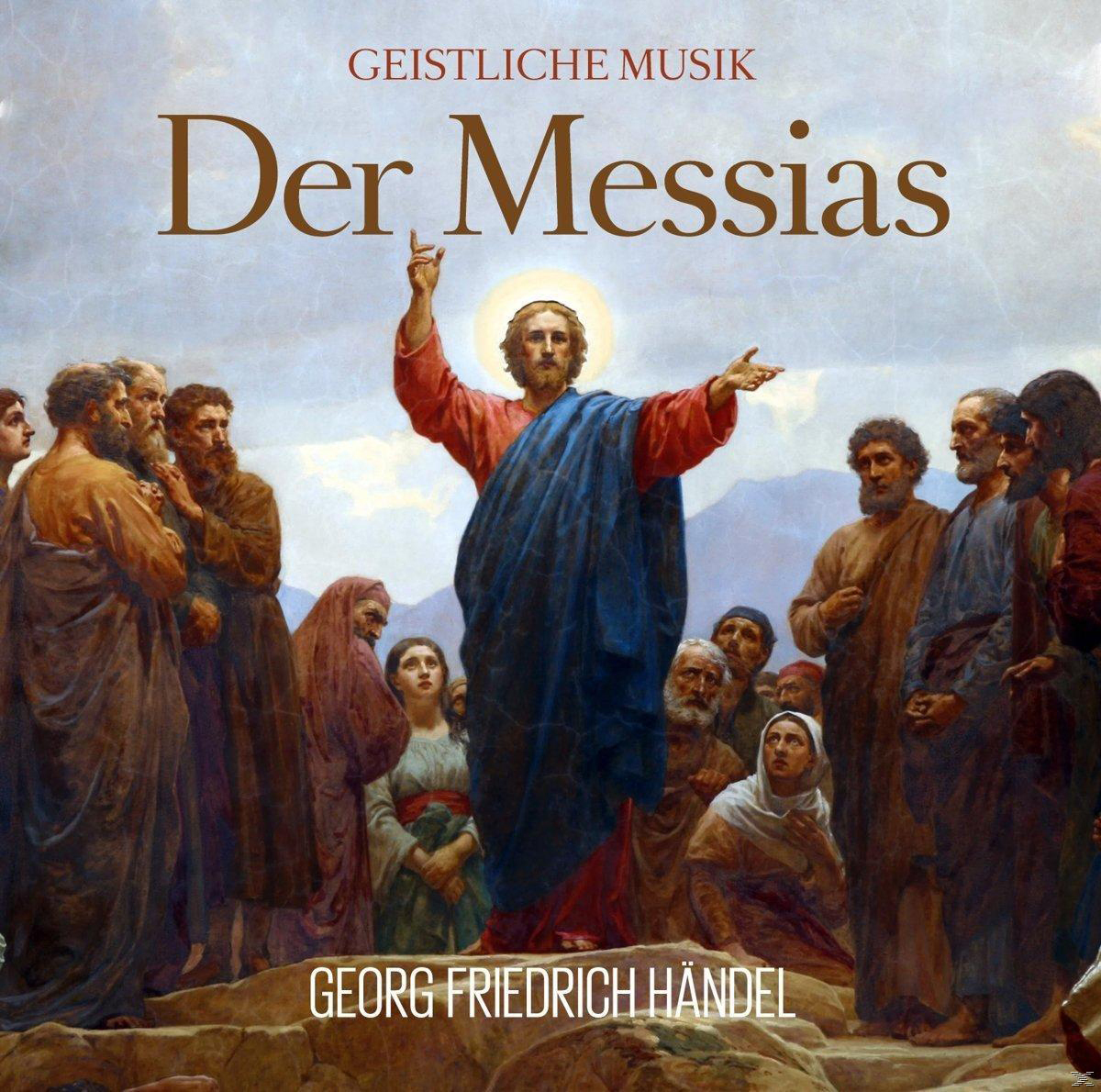 Kunstwerk von Jesus mit erhobenen Armen, umgeben von Menschen. Text: Der Messias und Georg Friedrich Händel.