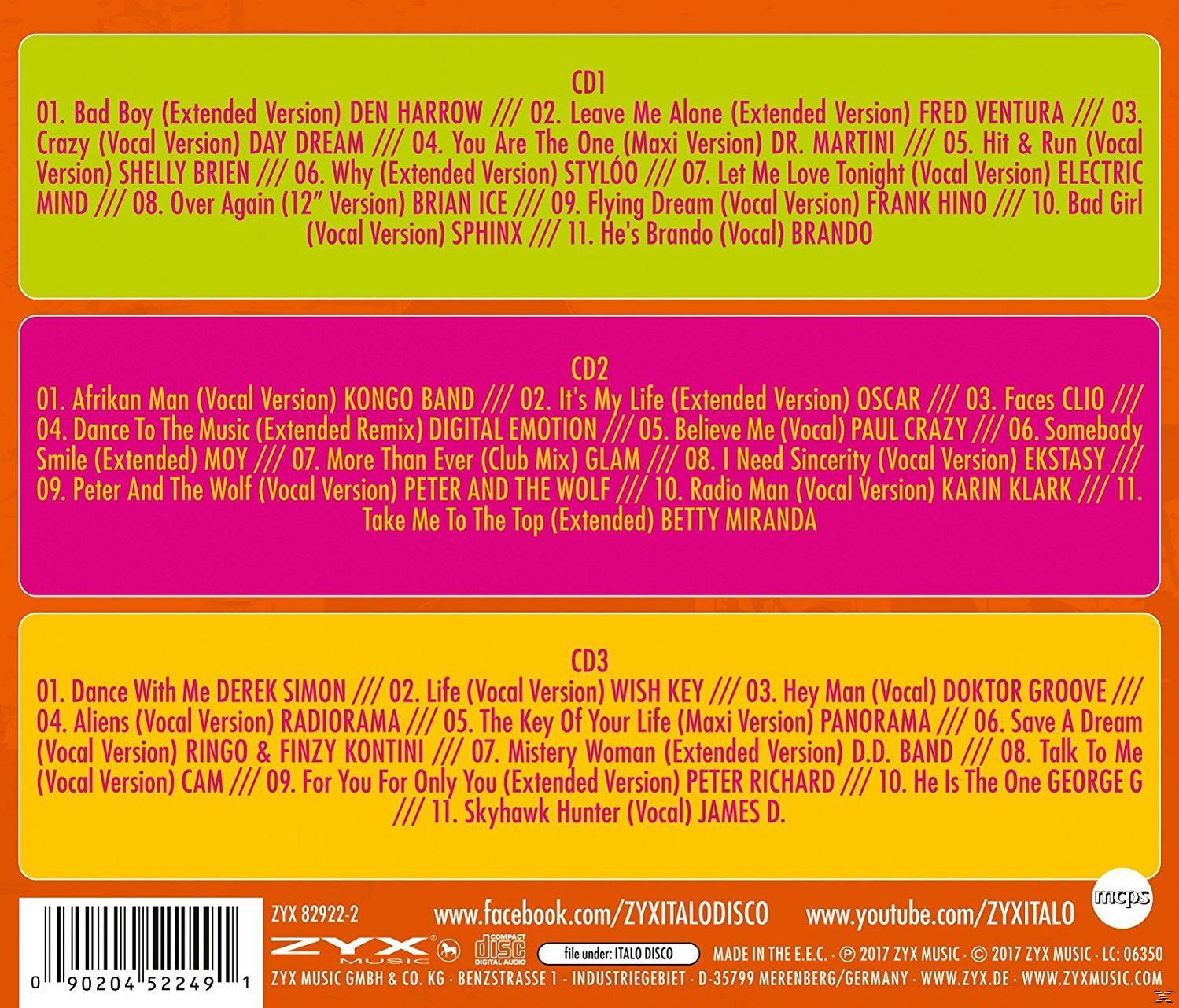 CD-Kompilation mit mehreren Titeln. Das Cover ist ein Farbmix mit Text. Es ist eine ZYX ITALODISCO-Kompilation.