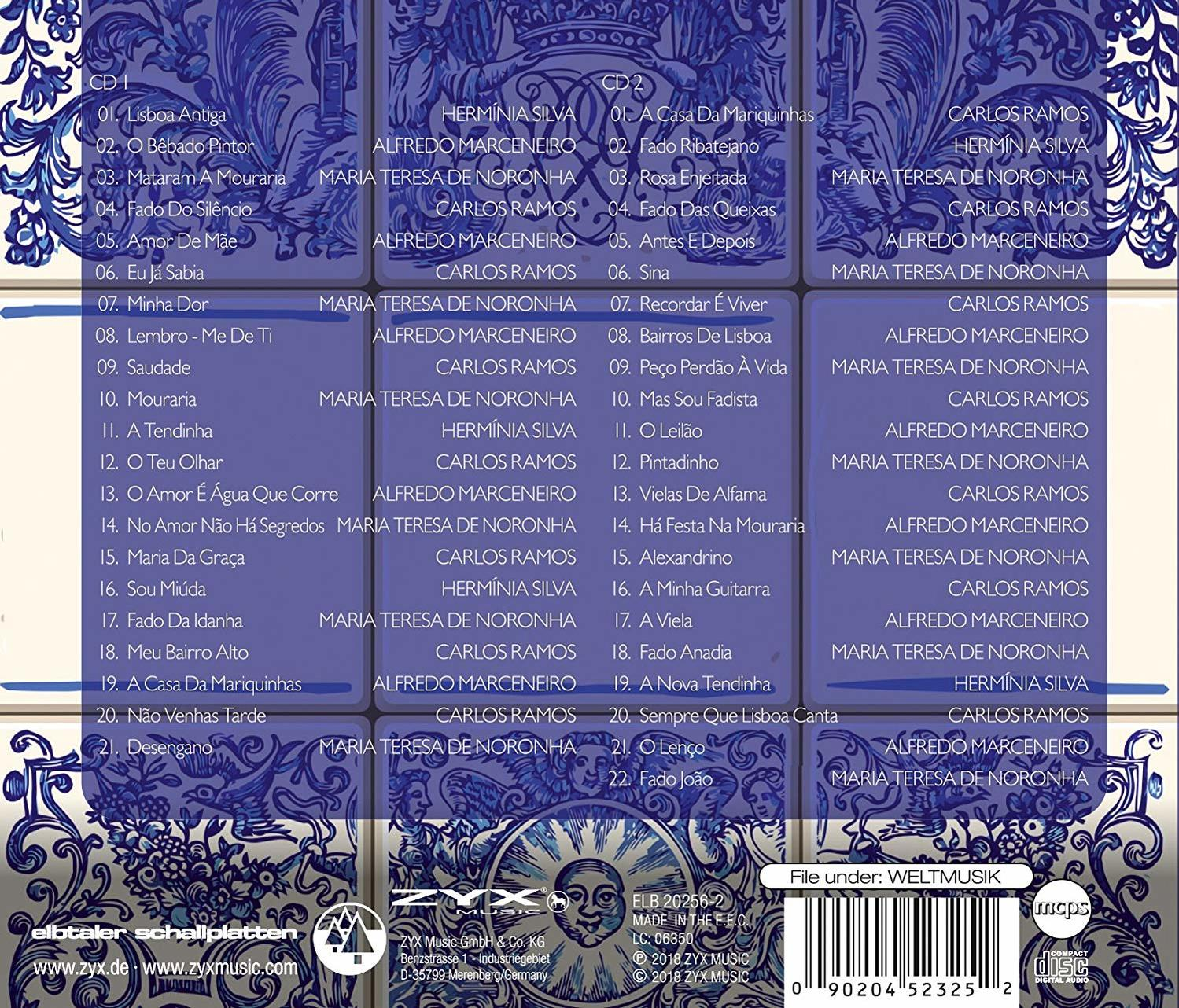 CD-Cover mit blauem Hintergrund, weißem Text und Titelliste. Der Titel steht im Zentrum: Lissabon.