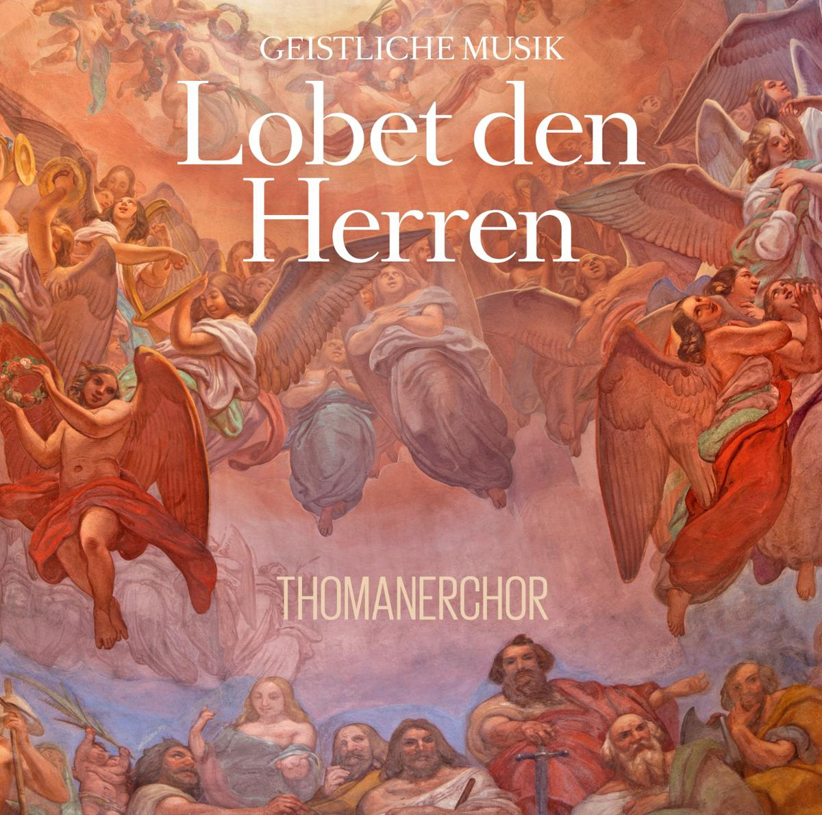 Ein Gemälde mit Engeln und Figuren, darüber der Text 'Lobet den Herren' und darunter 'Thomanerchor'.