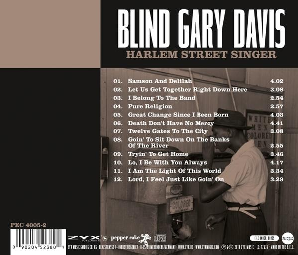 Albumcover von Blind Gary Davis, Harlem Street Singer, mit Titelliste und Foto.